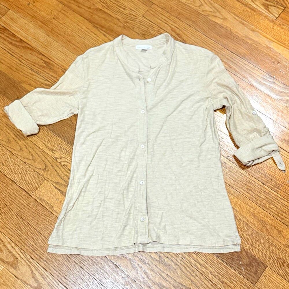 James Perse Beige Solid Lightweight Knit Collared Button-Up 3/4 Sleeve Size 1